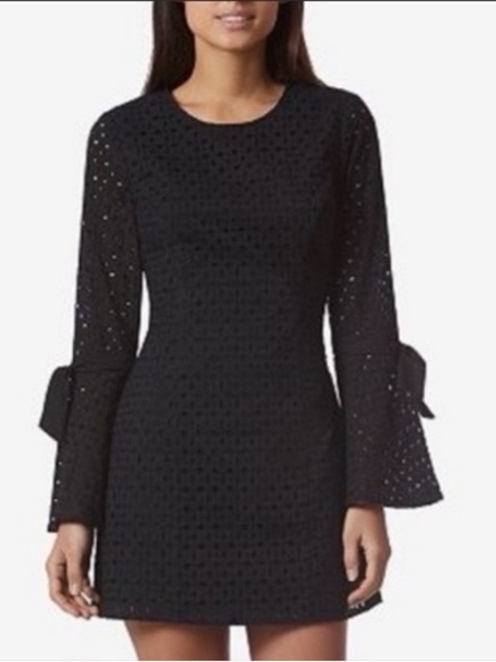Avec Les Filled Black Eyelet Bell-Sleeve Mini Dress XS
